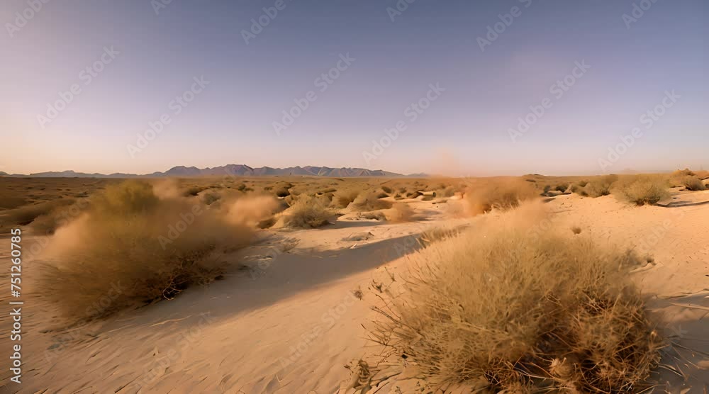 Abstract animation of sands, bright sun, desert, mountains in the background, nobody, rare desert vegetation, shrubs, cloudless sky. Mexico, loneliness, horizon. Generative by AI Abstract animation of sands, bright sun, desert, mountains in the background, nobody, rare desert vegetation, shrubs, cloudless sky. Mexico, loneliness, horizon. Generative by AI