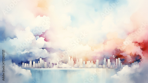 Urban landscape in pink and blue clouds  background postcard in watercolor style