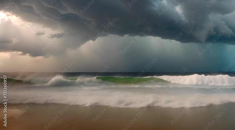 Abstract animation of sea, ocean, sandy shore, sand, saltwater waves, sea foam, cloudy sky, impending storm. Destructive nature, danger of natural phenomena concept. Generative by AI Abstract animation of sea, ocean, sandy shore, sand, saltwater waves, sea foam, cloudy sky, impending storm. Destructive nature, danger of natural phenomena concept. Generative by AI