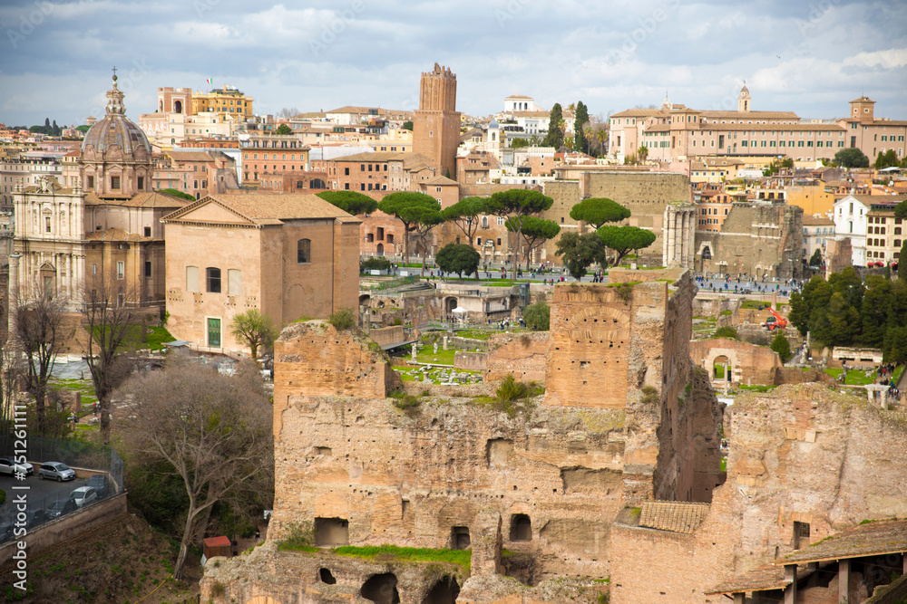 View of the Roman Forum, also known by its Latin name Forum Romanum. It is an archaeological park with the ruins of several important ancient buildings in the historic center of Rome, Italy.