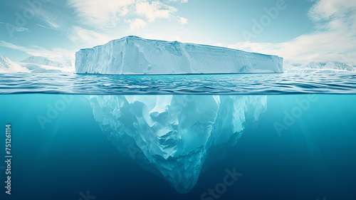 Top and underwater view of a huge beautiful iceberg in blue icy water © kichigin19