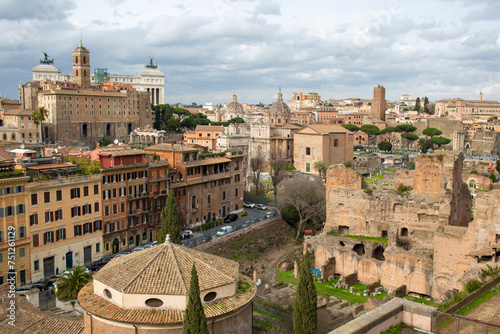 View of the Roman Forum, also known by its Latin name Forum Romanum. It is an archaeological park with the ruins of several important ancient buildings in the historic center of Rome, Italy.