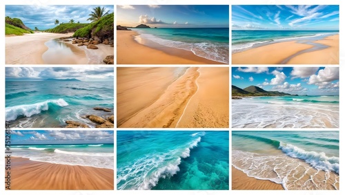 set of beautiful tropical beach with palm trees  thailand  travel and vacation concept collage of pictures of the beach and sea abstract background with waves and sea.
