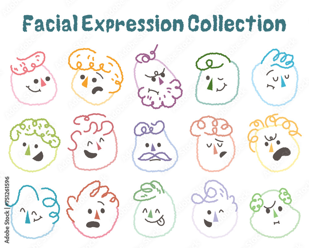 Hand drawn flat face with variety cute and funny facial expression set. Cartoon doodle style round character emotion. Comic colorful happy, calm, worry, angry, anxiety, smile face with line draw hair
