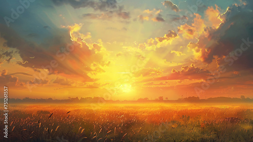 A vibrant sunrise over a vast expanse of farmland, symbolizing the dawn of blessings on Eid ul Azha.