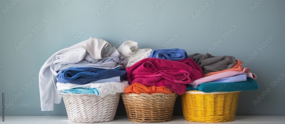 A pile of colorful shirts, jeans, and plastic bags of laundry sits on the white tiled bathroom floor next to an empty white basket. A pile of colorful shirts, jeans, and plastic bags of laundry sits on the white tiled bathroom floor next to an empty white basket.