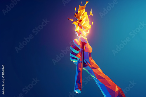 a hand holding the Olympic flame on a blue background, a torch in hand, an abstract decorative illustration in a polygonal style, a symbol of international sports games and competitions photo