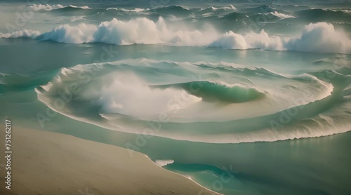 Abstract animation of whirlpool, tsunami, storm, anomaly, sandy shore, ocean, huge wave, rough sea, storm, sea foam, gale. Concept of destructive natural, natural phenomenon. Generative by AI. photo