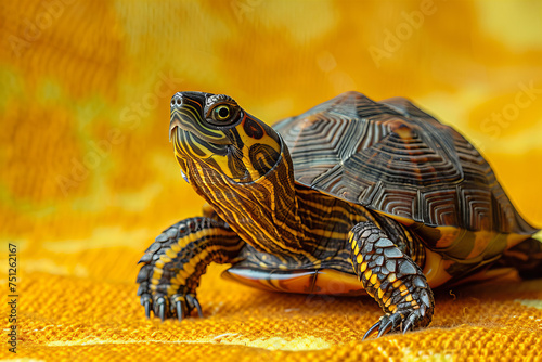Vibrant Turtle on Golden Background: Exquisite Shelled Reptile Display Banner