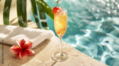 a captivating close-up still life on a poolside table. Feature a chilled champagne