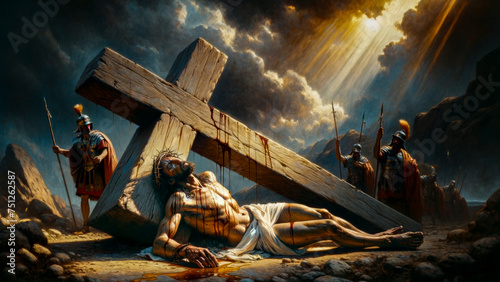 The Stations of the Cross on the Road to Golgotha: Jesus Christ Collapses from Exhaustion under the Weight of the Cross for the first time, enduring Suffering, Torment, and eventual Crucifixion.