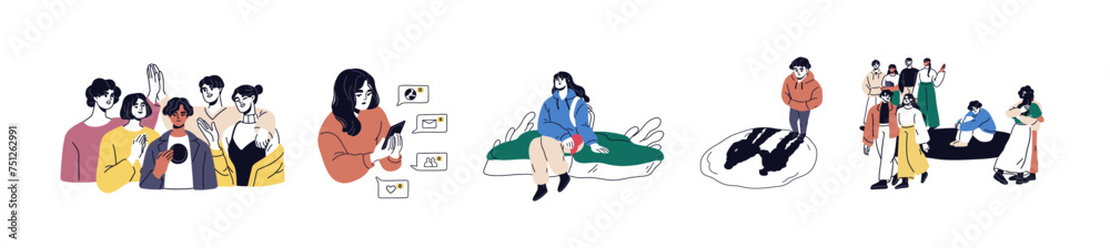 Lonely single people, sad outcasts set. Loneliness, communication problem concept. Characters feeling alone, abandoned, lost. Psychology flat graphic vector illustrations isolated on white background Lonely single people, sad outcasts set. Loneliness, communication problem concept. Characters feeling alone, abandoned, lost. Psychology flat graphic vector illustrations isolated on white background