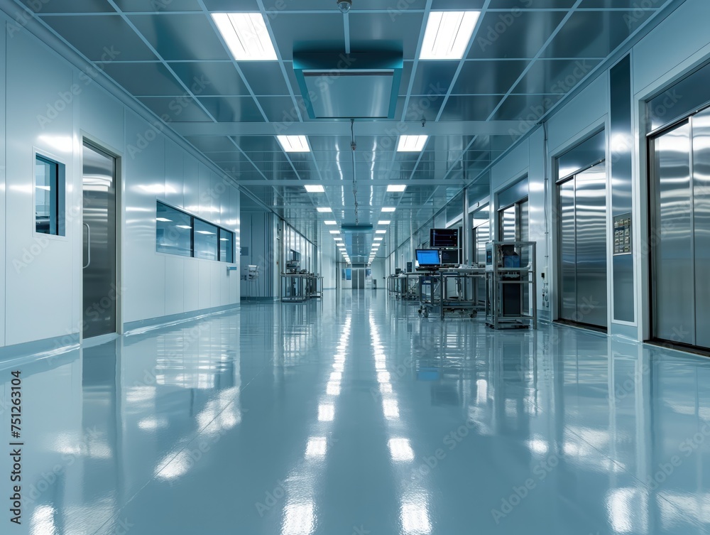 Inside a bright, modern semiconductor production facility, showcasing advanced technology and clean room environment.