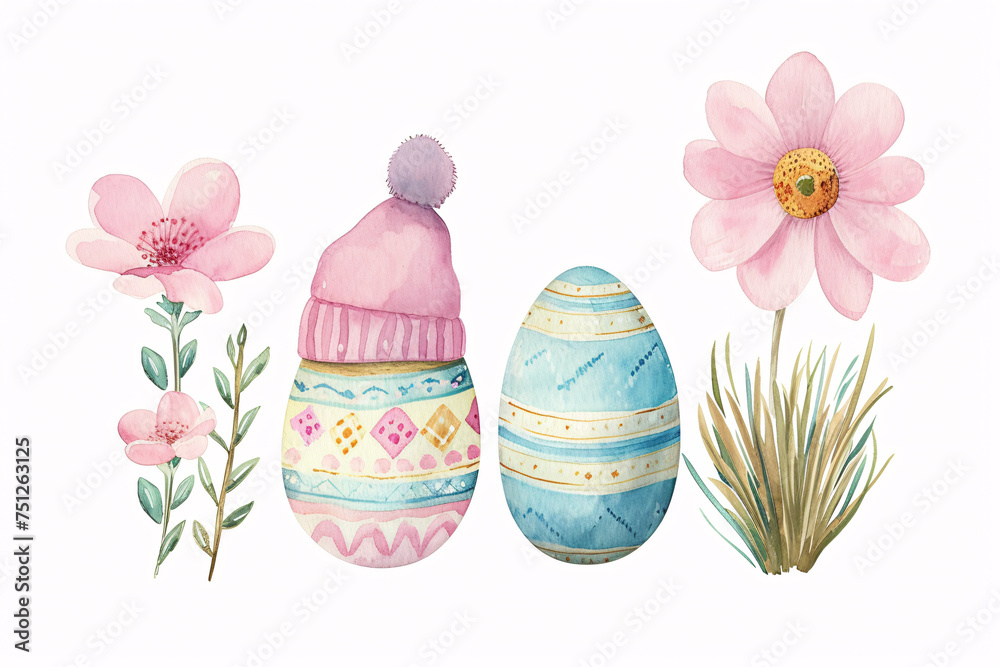 Colourful Watercolour Painted Decorative Easter Egg & Spring Flower Colourful Watercolour Painted Decorative Easter Egg & Spring Flower