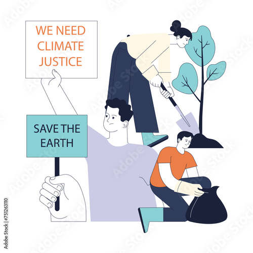 Climate action. Diverse people involved in global environmental activism.