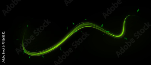 Fresh wind swirls with green leaves and glitter and neon green lines . Cool air twirl and swirl effect with flying mint leaves. Light effect for advertising of refreshing drinks, cocktails 