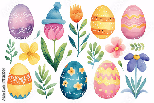 Colourful Watercolour Painted Decorative Easter Egg & Spring Flower