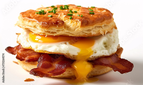 Bacon, egg, and cheese biscuit on white background 