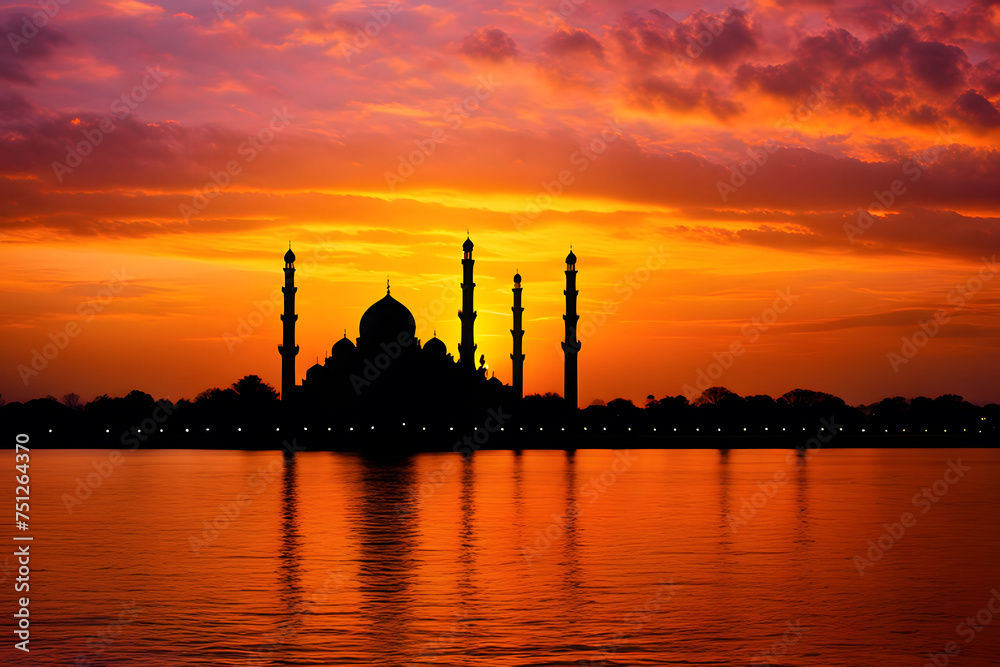 Ramadan mubarak sunset view with silhouette of mosque