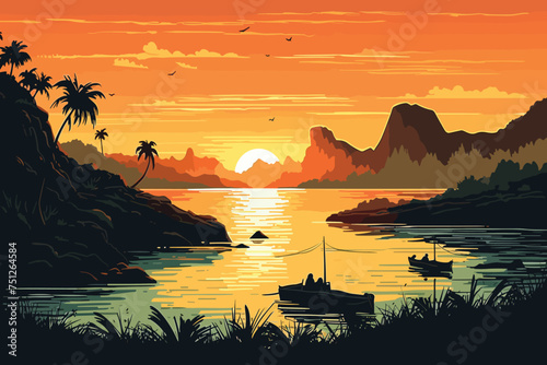 Brazilian bay landscape at sunset vector illustration. Generative AI