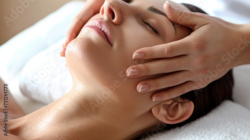 Closeup of the massage therapist s hands. Facial massage in a spa salon
