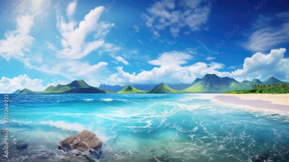 Beautiful scenery mountains sea beach blue sky white clouds seascape wallpaper background