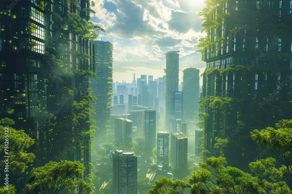eco city. futuristic future city with many futuristic houses and green spaces. clean ecology. new energy solutions