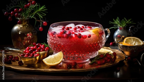 A glass filled with cranberry punch, garnished with lemon slices and floating cranberries