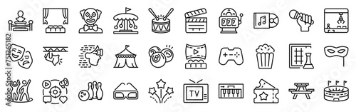 Entertainment web icons in line style. Lifestyle. Theatre, cinema, surfing, music, party, VR, TV. Vector illustration.