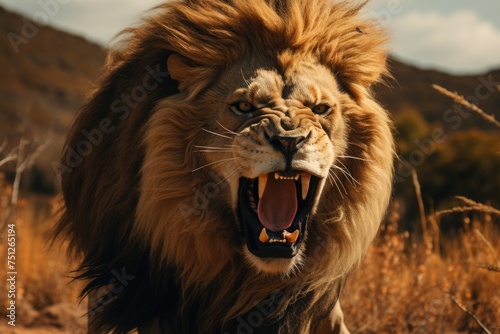 A fierce lion roaring in the savanna.