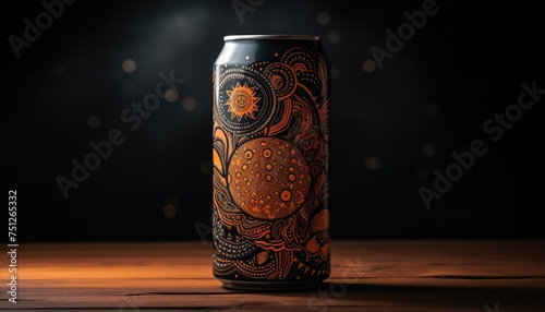 A can of craft beer with a unique design is placed on top of a wooden table. The can appears to be unopened, showcasing its label and condensation on the exterior