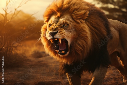 A fierce lion roaring in the savanna. Portrait of a beautiful lion  Ai generated
