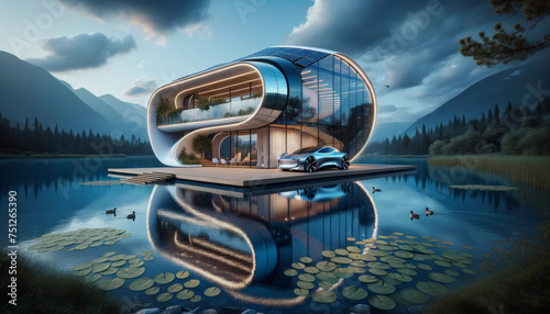 Futuristic Lakeside House with a Sleek Car at Dusk, Reflecting on Water