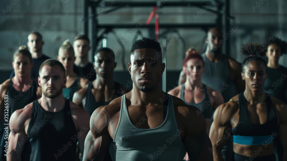 Fierce group of athletes stands ready for a workout in a gritty gym. Fierce group of athletes stands ready for a workout in a gritty gym.