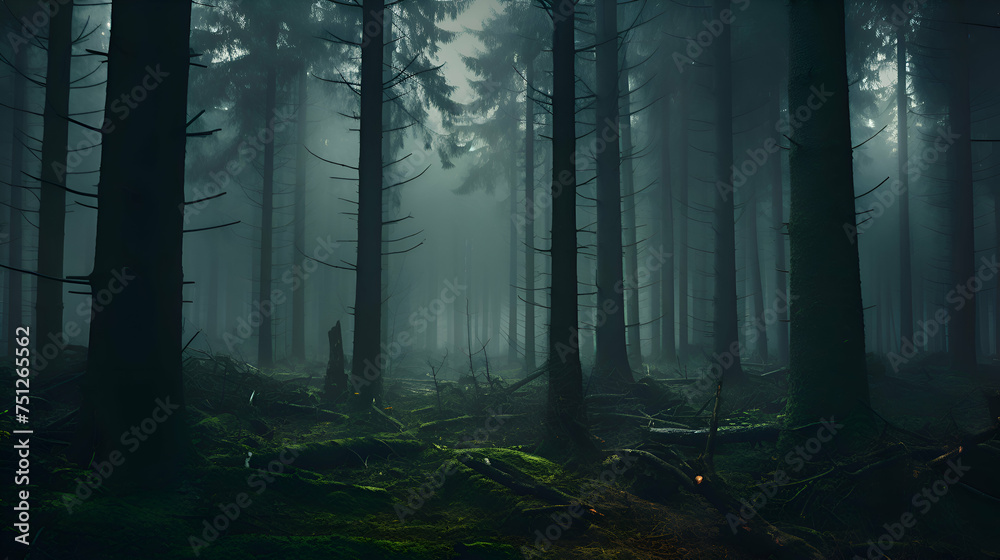 Obraz premium Mysterious dark forest with fog in the morning. Halloween concept