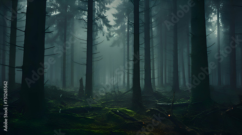 Mysterious dark forest with fog in the morning. Halloween concept