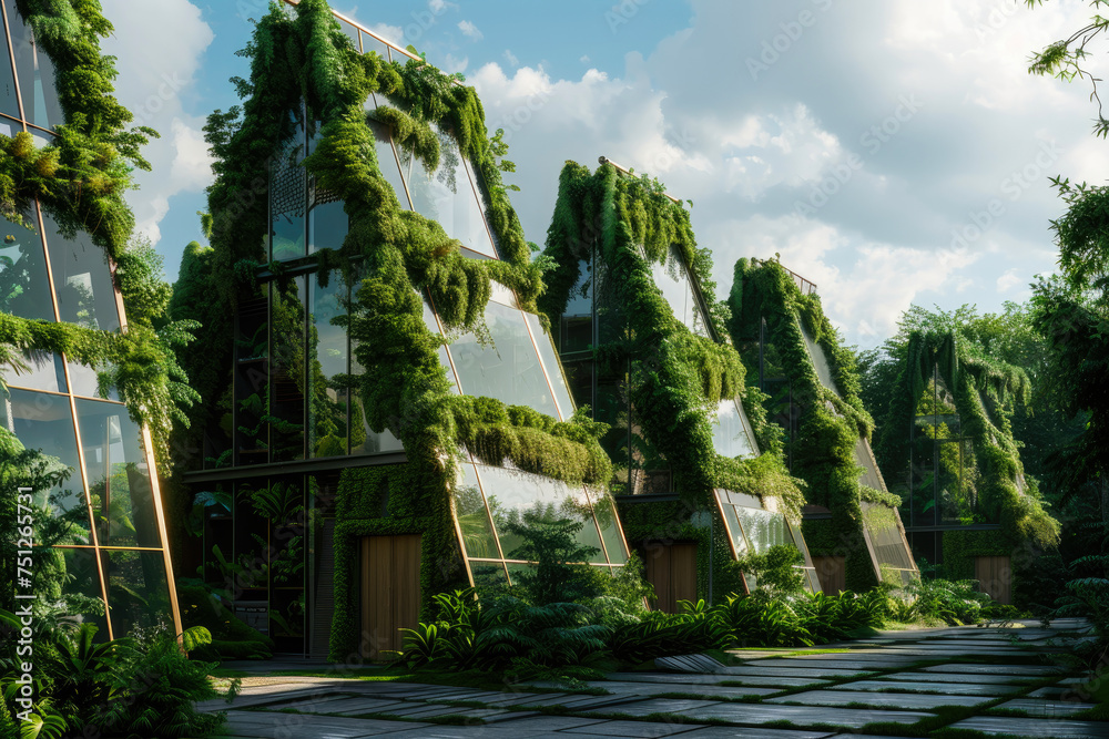 Fototapeta premium eco city. futuristic future city with many futuristic houses and green spaces. clean ecology. new energy solutions