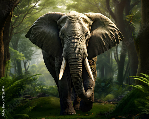 Elephant in the jungle. 3d rendering. Computer digital drawing.