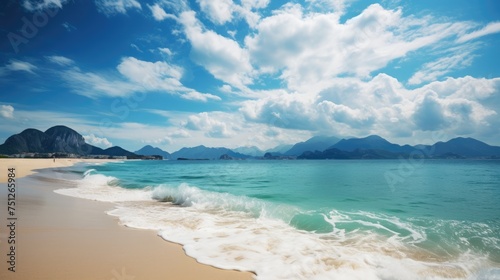 Beautiful scenery mountains sea beach blue sky white clouds seascape wallpaper background © Bushra