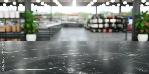 Wallpaper Mural A marble table in a shop with shelving. Blurred background. Table for demonstration of goods in a supermarket. Showing a product in a market. Large hypermarket. BG with blurring for ad + presentation Torontodigital.ca