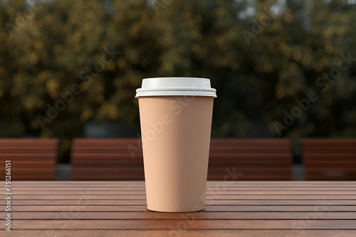 Paper cup of coffee on a wooden table. 3d rendering.