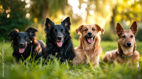 Joyful Group of Dogs Enjoying Summer Outdoors on Green Grass.