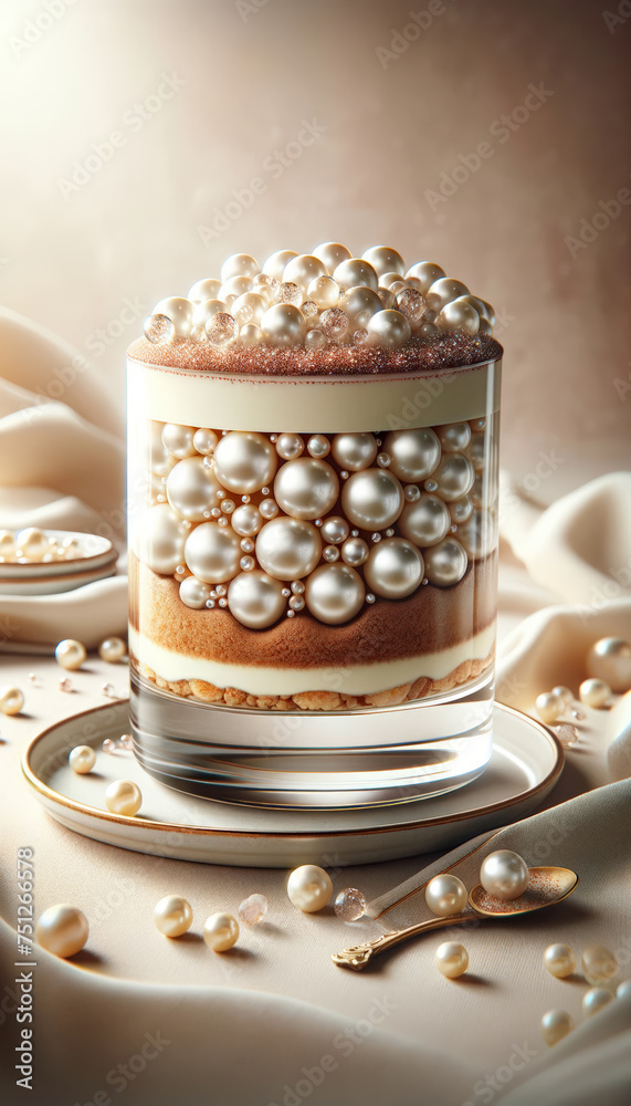 Elegant Dessert Tiramisu with Pearls Presentation on Silk Background