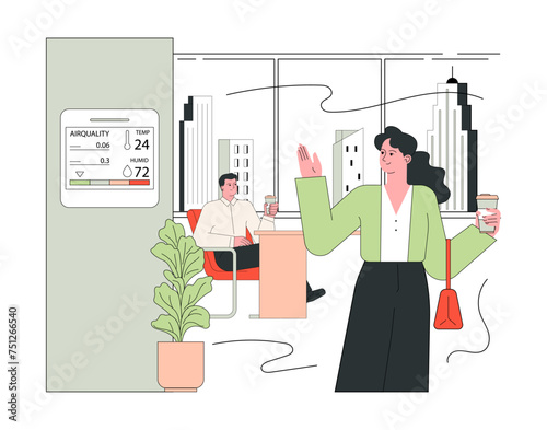 Indoor air quality. Couple enjoying clean air, relaxing at home with an air purifier