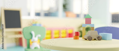 A close-up image of a green round table features kids' toys in a colorful kindergarten classroom.