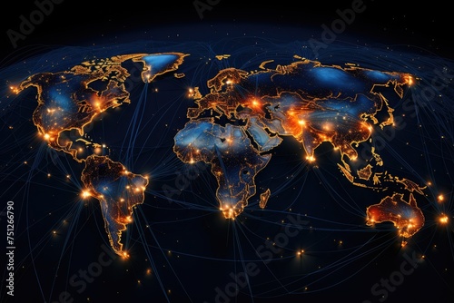 Interconnection of global networks illustrated as a map of the world  Digital world map hologram blue background  Ai generated