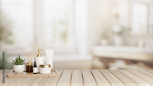 A set of facial cream and a presentation space on a wooden desk in a modern white bathroom.