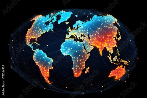 Interconnection of global networks illustrated as a map of the world  map with global technology networking concept. digital data visualization  Ai generated