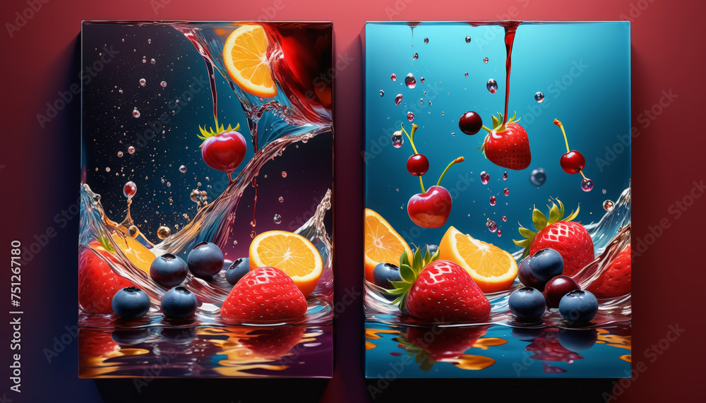 Vibrant Fresh Fruits Splashing in Water on Colorful Background