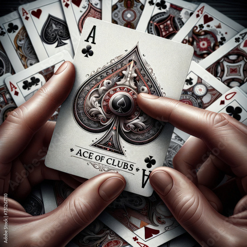 Intricate Ace of Clubs in Hand Amidst Scatter of Playing Cards